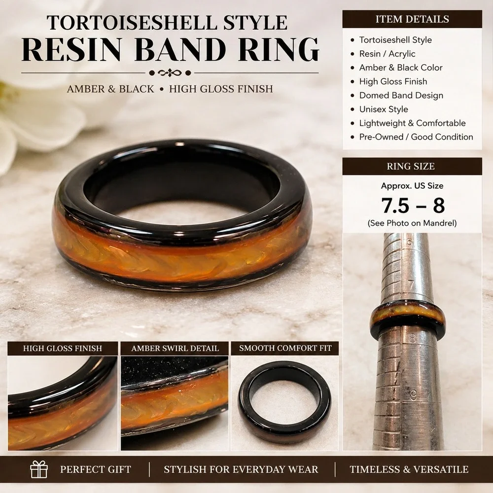 Tortoiseshell Resin Band Ring Amber Black Swirl Unisex Domed Gloss Size 7.5-8
